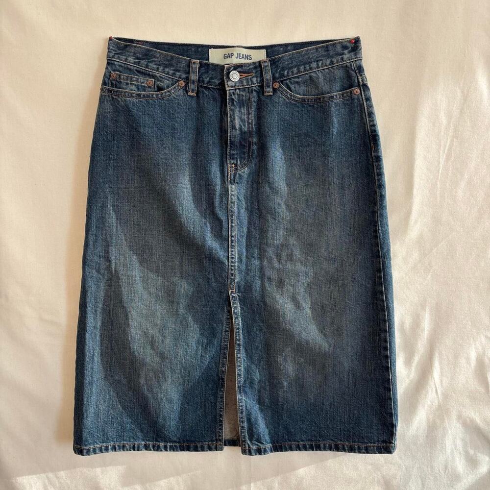 VTG Y2K 2000s Gap Jeans Denim Midi Pencil Skirt Front Slit - Size 6